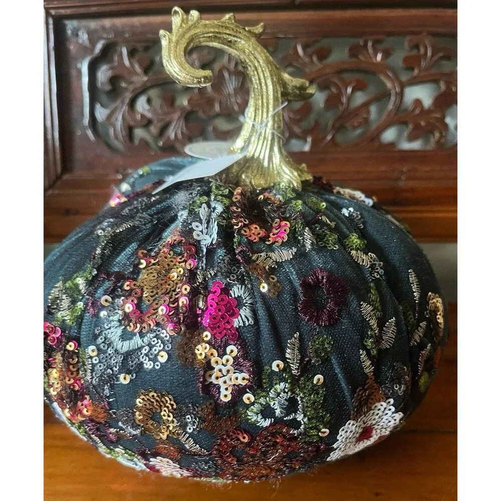 NWT Decorative Beaded Sequined Teal Pumpkin Halloween Fall Decor